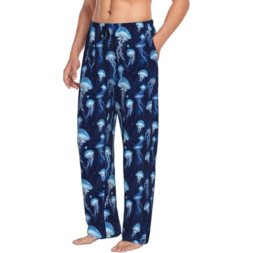Mens Pajama Pants - Blue Jellyfish Print Soft Sleep Lounge Pants For Men, Casual Pj Bottoms With Pockets