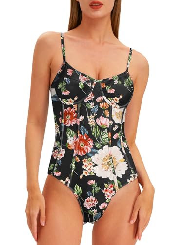 Women's One Piece Swimsuit with Beach Cover Up Retro Floral Print Bathing Suits with Coverup Set Sarong Wrap Swim Suit 1 Piece Swimwear Set with Matching Skirt Black Floral X-Large2