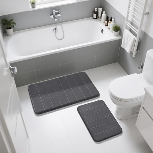 Image of Yimobra Memory Foam Bathroom Rugs Sets 2 Piece - Super Soft Absorbent Quick Dry Bath Mat Set, Machine Washable Non Slip Floor Carpet for Tub Shower & Single Sink (17x24 & 31.5x20 Inch, Dark Gray)