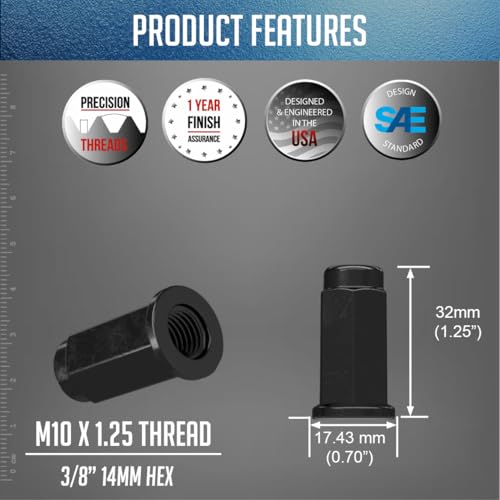 image for Wheel Accessories Parts 16 Pcs M10x1.25 Thread Flat Seat 28mm 1.10