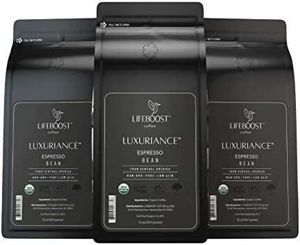 Lifeboost Coffee Espresso Whole Beans Coffee - Low Acid Single Origin USDA Organic Coffee - Non-GMO Espresso Coffee Third Party Tested For Mycotoxins & Pesticides (Espresso Whole Bean 12oz x 3 pack)