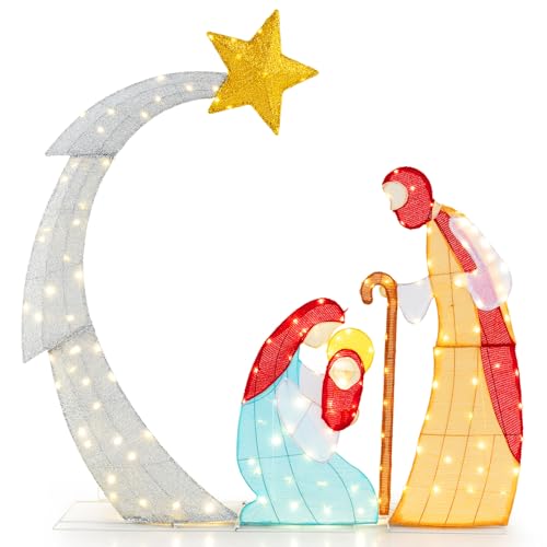 Tangkula 5 FT Lighted Christmas Nativity Scene Set, Outdoor Holy Family Decoration with 140 Warm White LED Lights, Xmas Nativity Set with Stakes and Zip Ties for Indoor, Yard, Lawn Holiday Decoration