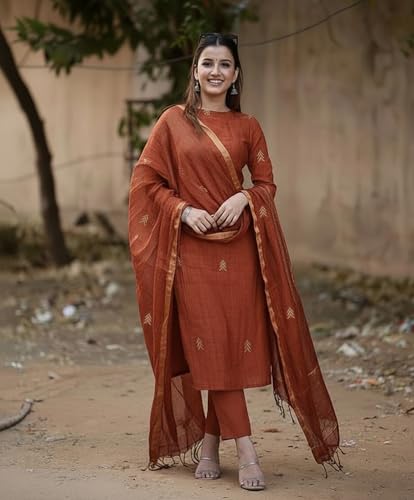 Image of Anni Designer Pure Cotton Maroon Kurta Pant Set with Dupatta for Women | 3 Piece Gold Hand Block Printed Suit Set | Cotton Kurta Set for Women | Festive Kurti Set