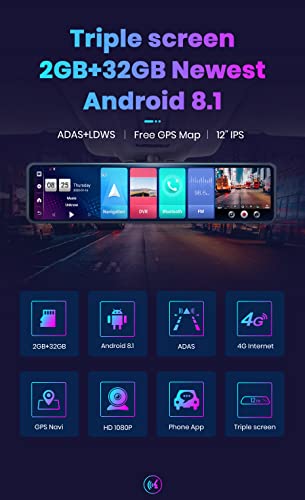 Image of DEVIANT 12 Inch Full HD Car Dash Camera with 4G SIM Support, WiFi, Android 8.1 OS, 2GB RAM, 32GB ROM, G-Sensor, Loop Recording,Parking Assistance, GPS Tracking & Navigation