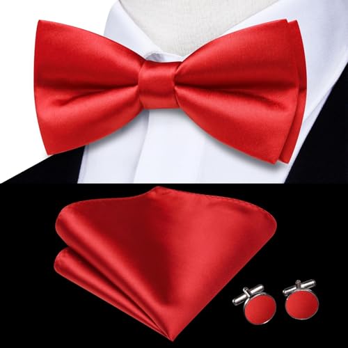 Image of Hi-Tie 5Pcs Mens Solid Color Silk Tie Satin Pretied Bowtie Lapel Pin for Men Handkerchief Cufflink Wedding Gift Box