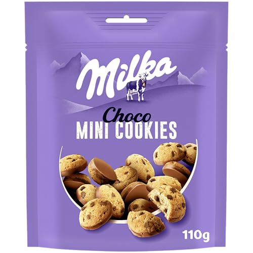 Milka Mini Cookies, Galletas con Pepitas y Recubiertas de Chocolate con Leche de los Alpes, 110g