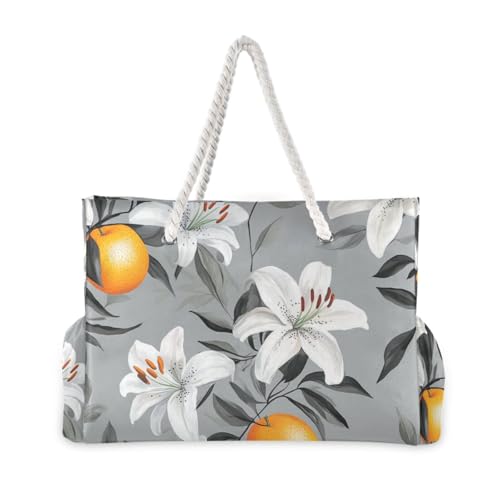 susiyo Grey Lilies Orange Beach Bags for Women Large Travel Tote Bag Waterproof Sandproof Lightweight Swim Pool Bag for Family Outdoor2