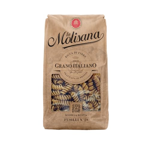 La Molisana, Fusilli Integrali n. 28, Pasta Integrale da Solo Grano Italiano - Trafilata al Bronzo, Ricca di Fibre, Ruvida e Tenace con Eccellente Tenuta in Cottura - Confezione da 500g