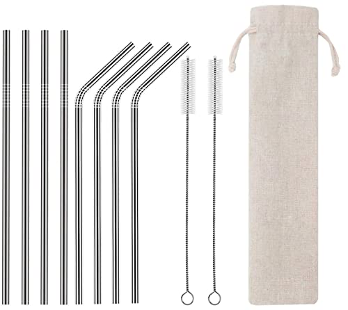 Pailles, pailles en métal, lot de 8 pailles réutilisables respectueuses de l'environnement (4 droites + 4 courbées + 2 brosses de nettoyage) (argent) Cover
