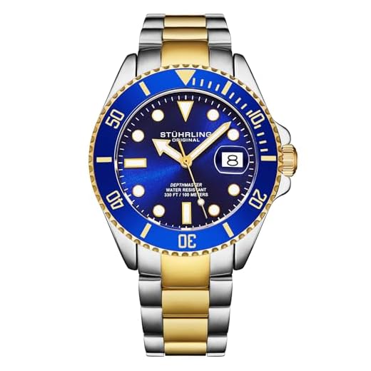 Relógio de mergulho masculino Stuhrling original, movimento suíço, aço inoxidável, mostrador azul, pulseira de aço inoxidável, resistente à água até 100 m, Azul, Moderno