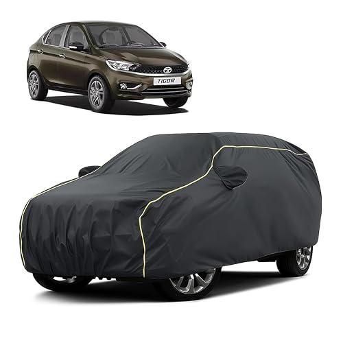 Image of Sulfar 100% Water Resistant Car Body Cover Compatible with Mirror for Tata Tigor (Triple Stitched, Full Bottom Elastic, Dark Grey Taffeta with Yellow Piping)