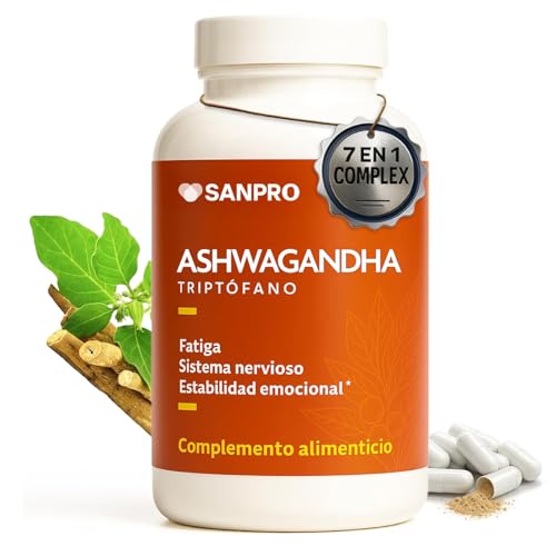 Ashwagandha + Triptófano Complex 7 en 1| 120 Cápsulas Veganas|Magnesio, Vitaminas B1, B2, B3 y B6 | Ayuda a Regular el Cortisol, Bajada de Peso y Estrés, Aumenta la Concentración y Mejora del Sueño