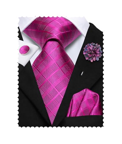 Image of Hi-Tie Mens Hot Pink Checkered Ties Set Classic Necktie Lapel Pin Pocket Square Cufflinks Sets Formal Business Wedding