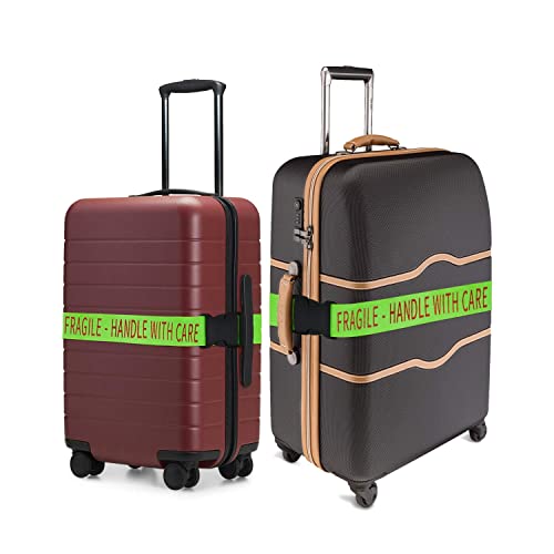 2 Pack - Bright Luggage Straps - Fragile - Handle with Care - for Airports/Travel - These Adjustable Straps Fit Almost All Suitcases Neon Green