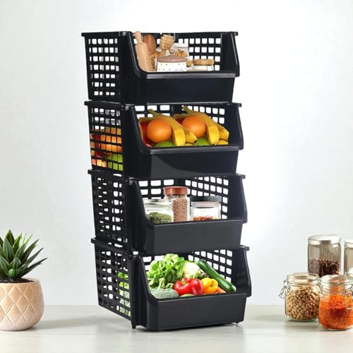 Image of ARTO Plastic Bathroom Organizer Rack - Stackable Storage Solution for Kitchen, Home, and Office | Versatile Basket Shelf for Vegetables, Fruits, and Stationery.