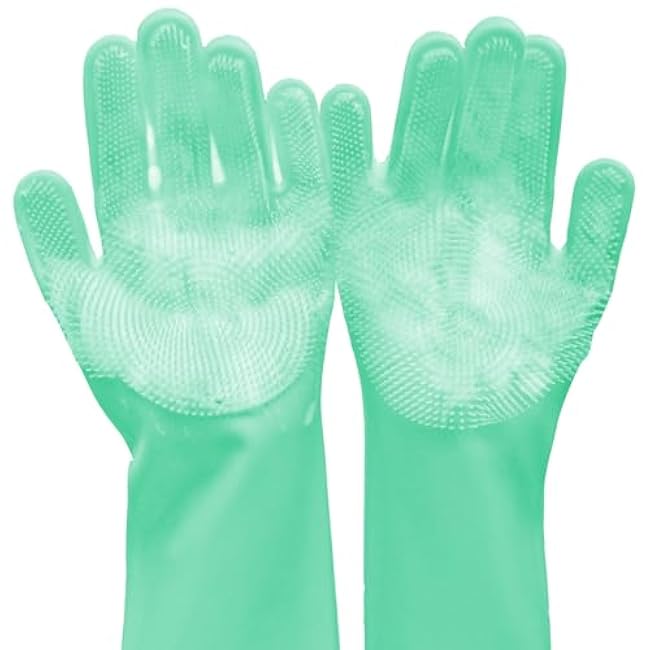 Pet Grooming Gloves, Dog Bathing Gloves with High-Density Teeth, Heat Resistant Silicone Cat Hair Remover with Enhanced Five Finger Design, Bathing and Massaging for Dogs and Cats (Green)-oLJgqife