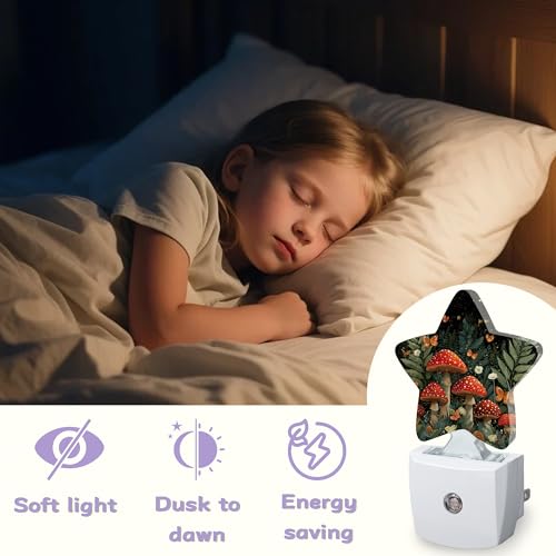 Image of Fantasy Mushroom Nightlights Plug in Wall,Butterfly Moon Decorative Star Lamp with Automatic Lighting for Living Space,Gentle Glow for Kids Room,Hallway,Bathroom