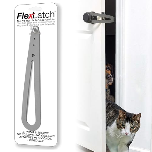 Image of FlexLatch Cat Door Holder Latch - Gray Cat Door Alternative, Flex Latch Strap Let's Cats in and Keeps Dogs Out of Litter and Food Safe Baby Proof One Piece No Measuring Extra Easy