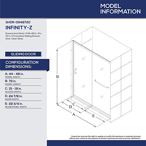 Dreamline Infinity-Z Semi-Frameless Sliding Shower Door | For Openings From 44" Up To 48" | Clear Glass In Brushed Nickel | Shdr-0948720-04 #TOP1