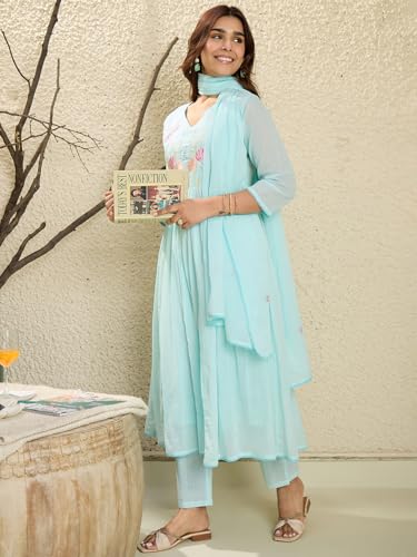 Image of INDO ERA Women's Pure Cotton Embroidered A-Line Kurta & Pant with Dupatta Set | Cotton kurta sets for women