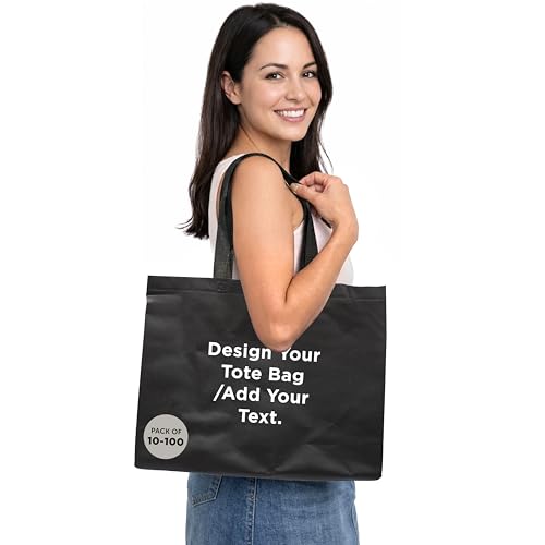 DISCOUNT PROMOS Custom Jumbo Sized Tote Bags Set of 10/50/100, Personalized Bulk Pack - Reusable Grocery Bags, Shopping Bags, Promotional Item Totes for Women - Black
