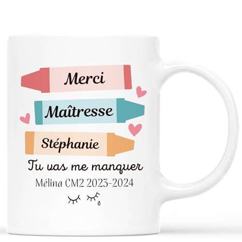 Cadeau Plus Mug Personnalisé Prénom - Merci Maitresse - cadeau maitresse d'école, merci maitresse mug, tasse maîtresse, cadeau maitresse maternelle (Modèle #2)