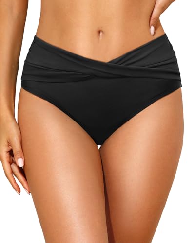 Tempt Me Women Mid Waist Bikini Bottoms - V Cut Bathing Suit Bottoms Twist Front Swimsuit Bottoms Ruched Swimwear 2025