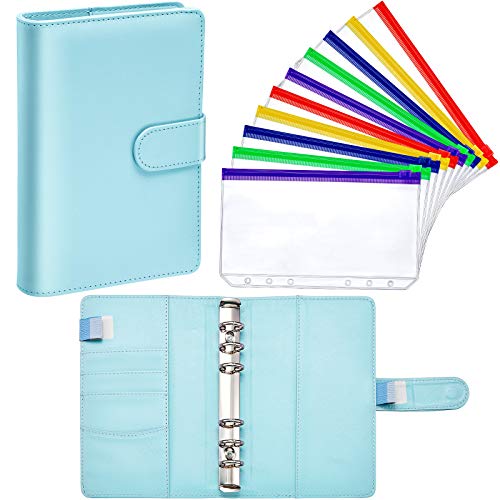 A6 PU Leather Notebook Binder Planner Refillable 6 Round Ring Binder Cover for A6 Paper with Magnetic Buckle and 10 Pieces Binder Pockets A6 Size Multicolor Zipper Folders (Mint Blue)