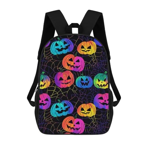 OBLUE Halloween Colored Scary Pumpkin Head Spider Web Backpack 17 Inch Shoulders Daypack Simple Leisure Travel Bag