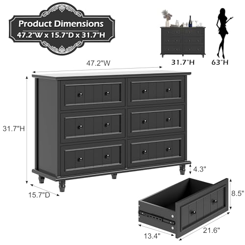 Image of Black 6 Drawer Dresser, Vintage Chest of Drawers, 47.2'' Bedroom Cabinet