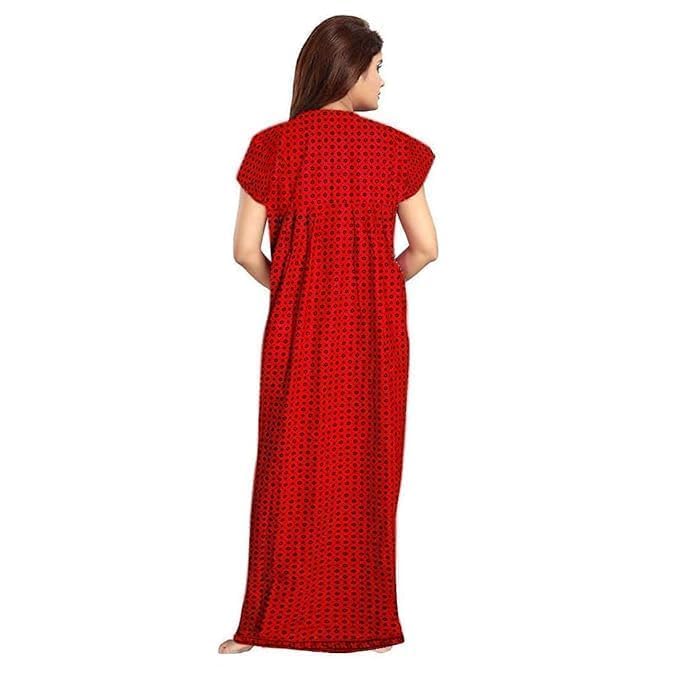 Image of NILOUFO Women's Cotton Printed Maxi Nighty - Pack of 2 | Soft Ankle-Length Sleepwear Gowns for Women | Free Size Night Dresses (Red&Yellow, Free Size)