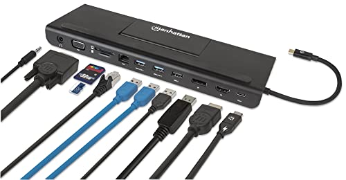 Manhattan USB-C 11 in 1 Docking Station -for 3 Display Monitors, Connect & Charge Devices-USB C to 4K HDMI/DP, 1080p VGA & 3 USB, 100W PD, Ethernet, SD Card Reader, 3.5 mm Aux –3 Yr Mfg Warranty