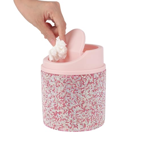 Image of KEYPOWER Bling Rhinestone Mini Plastic Trash Can Cute Small Waste Can with Swing Lid,Suitable for Home Countertop,Car,Table Desk,Office (Pink)