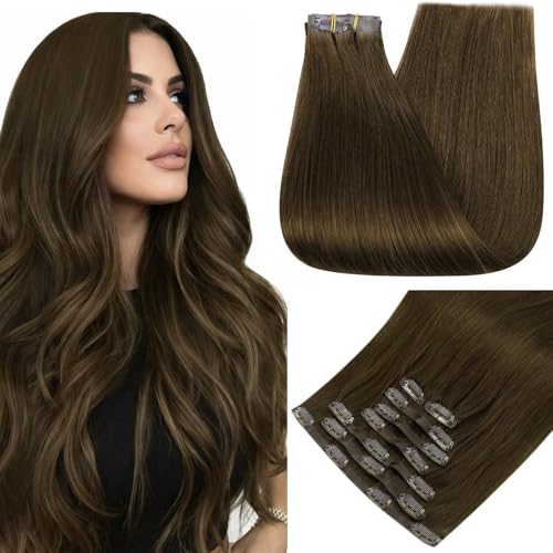 Image of Full Shine Clip in Hair Extensions Remy Human Hair, Medium Brown 22 Inch | Invisible PU Weft, Silky Straight, Brunette Seamless Clip Ins, Add Volume, Lightweight, Heat Styling Friendly, 8 Pcs 120g