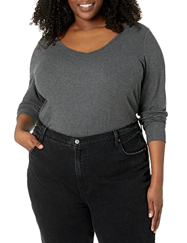 Image of Amazon Essentials Women's Slim-Fit Long Sleeve V-Neck Knit Rib Shirts, Pack of 2