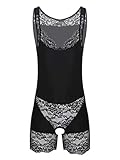 Herren Lace Patchwork Crotchless Bodysuit Rundhalsausschnitt Ärmellose Bodyshaper Sissy Nightwear