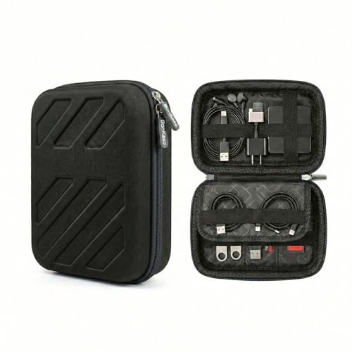 Image of BonKaso Electronics Organizer Travel Case - EVA Hard Shell Tech Pouch for USB Cable, Charger, Power Bank, Earphones, Hard Drive Storage | Compact Shockproof Gadget Organizer - Black