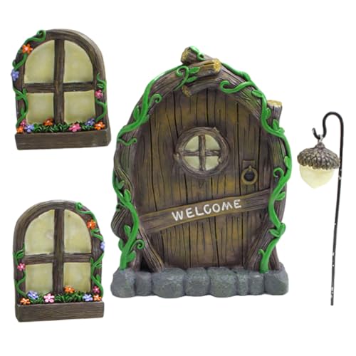 Jorzer Fairy Garden Kit, Glow in The Dark Resin Window and Fairy Door for Tree Trunk with Lantern for Garden Lawn Yard Wall Indoor Outdoor, Tools