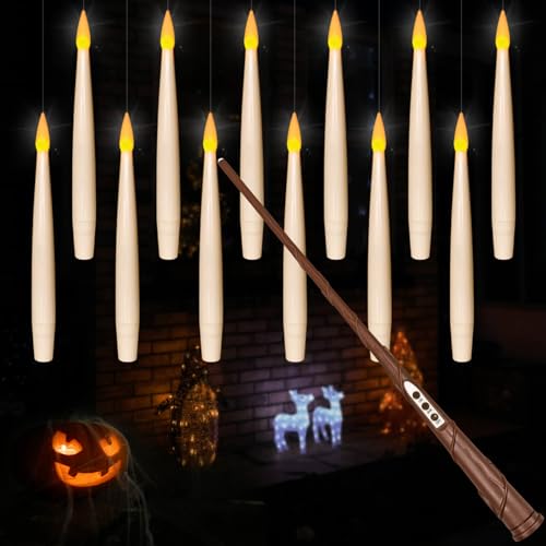 Leejec Floating Candles with Magic Wand Remote(6/18H Timer), 12pcs 6.1' Hanging Flameless Taper...
