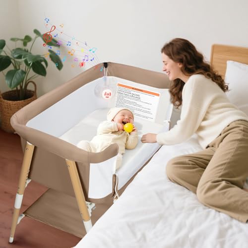 Image of JevrJeur Baby Bassinet, 3 in 1 Bedside Bassinet Sleeper for Newborn, Portable Baby Crib with 4 Detachable Wheels & Adjustable Height, Breathable Mesh & Mattress, Mosquito Net& Storage Basket (Khaki)