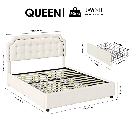Keyluv Upholstered Queen Bed Frame With 4 Storage Drawers, Velvet Platform Bed With Curved Button Tufted Headboard With Nailhead Trim, Solid Wooden Slats Support, No Box Spring Needed, Beige #TOP1