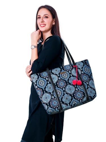 Image of NEPRI Oversized Office Tote Bag | Stylish Tote Bags | Purse for Women | Vegan Leather & Hanblock Printed Fabric Handbag with Double Handle Shoulder Strap| Daily & Travel Use