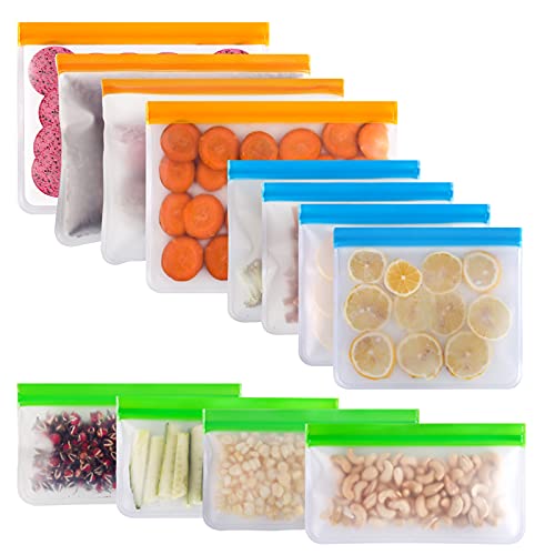 Reusable Sandwich Bag, McoMce 12 Pack Freezer Bags(4 Reusable Gallon Bags, 4 Sandwich Bag, 4 Reusable Snack Bags) Silicone Reusable Storage Bags for Food Marinate Meat Fruit Cereal 3 Sizes