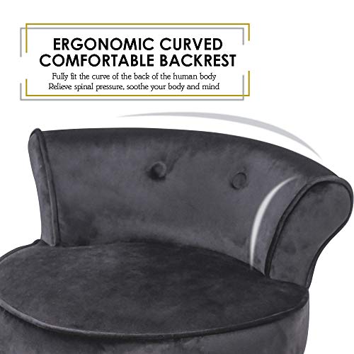 Velvet Makeup Vanity Chair and Stool for Bedroom with Roll Back Button and Rivet Deco Padded Bench Legs for Women and Girl Dressing Table Black