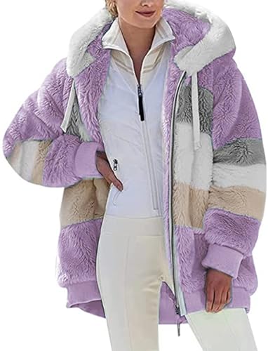 Fleecejacke Hoodie Damen Kapuzenpullover Teddy-Fleece Warm Herbst Wintermantel Stilvoller ReißVerschluss Fellmantel PlüSchjacke Mit Taschen (Lila, M)