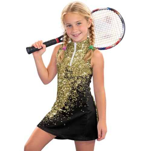 Boatee Gold Glitter Girls Sleeveless Tennis Golf Dress Moisture-Wicking Quick-Dry Fabric with Built-in Pockets 4-Way Stretch All-Day Comfort for Girls Age 4-15 for Tennis Golf Pickleball