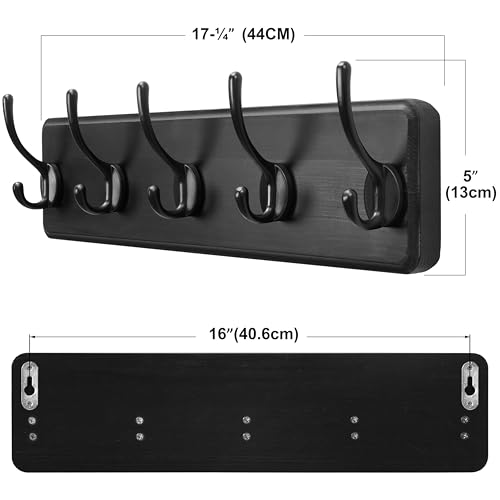 Image of SKOLOO Rustic Wall Mounted Coat Rack, Case of 2, Pine Solid Wood Coat Hook Hanger - 5 Hooks for Hanging Clothes Robes Towels Coats