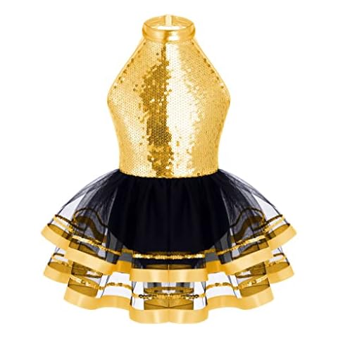 Mufeng Kids Girls Sparkling Sequins Sleeveless Tutu Mesh Skirts Ballet Dance Dress Leotard Performance Dancewear Gold 5-6 Years Cover