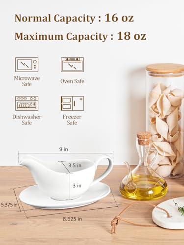 Yedio 18 oz Gravy Boat with Saucer, Large White Ceramic Gravy Boat for Thanksgiving Christmas, Boat and Tray for Turkey Beef Sauce, Salad Dressing, Creamer, Milk, Broth,Microwave and Dishwasher Safe - Image 3