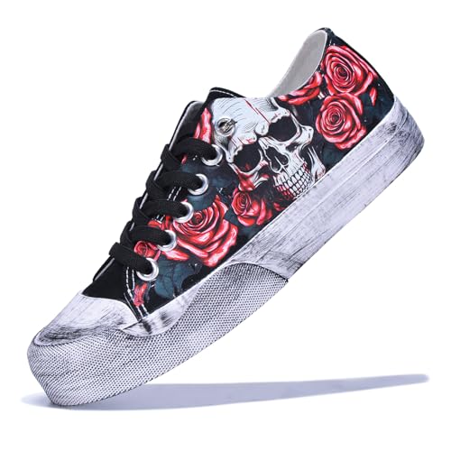Women Gothic Skull Skeleton Canvas Sneakers Unisex Low Top Retro Punk Shoes for Streetwear, Casual Fashion Comfortable Walking or Halloween